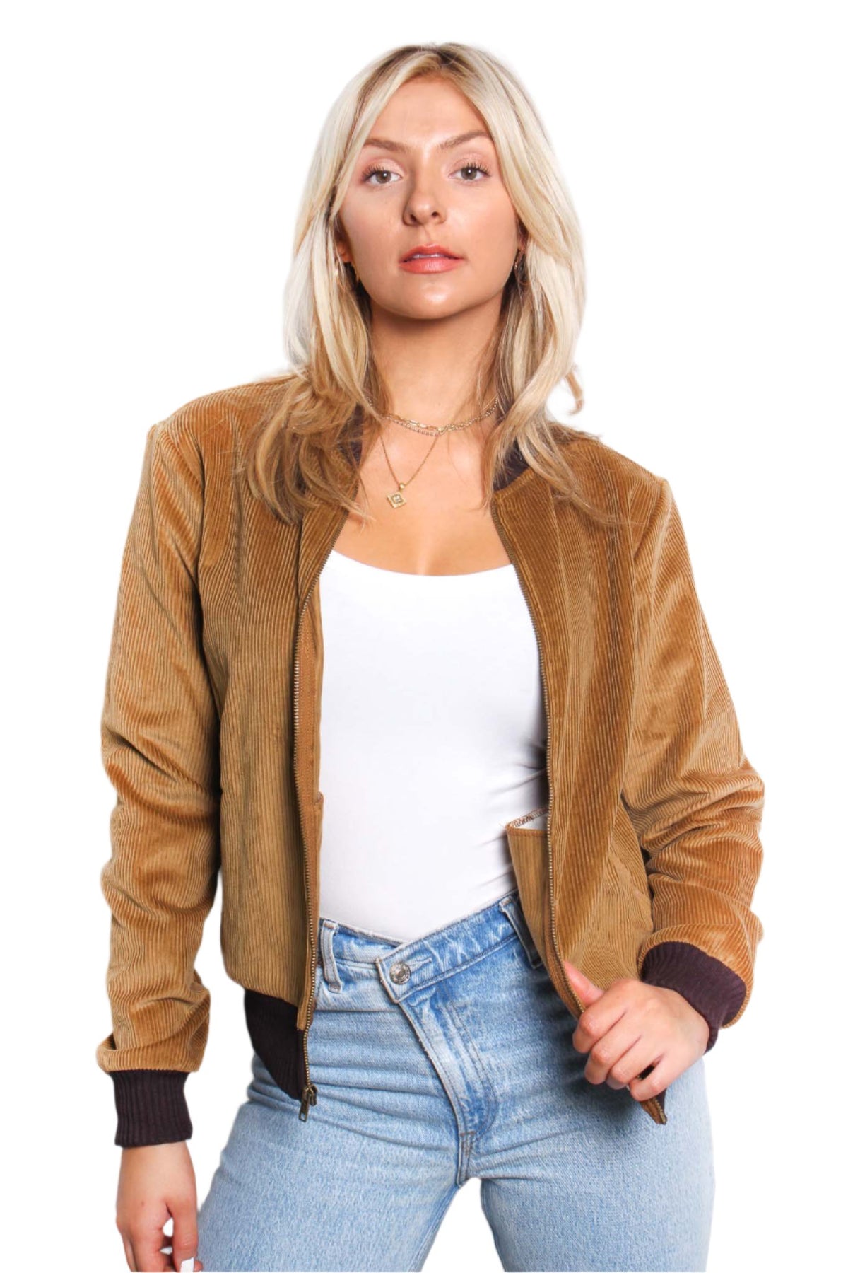 Women's Long Sleeve Lined Corduroy Bomber Jacket