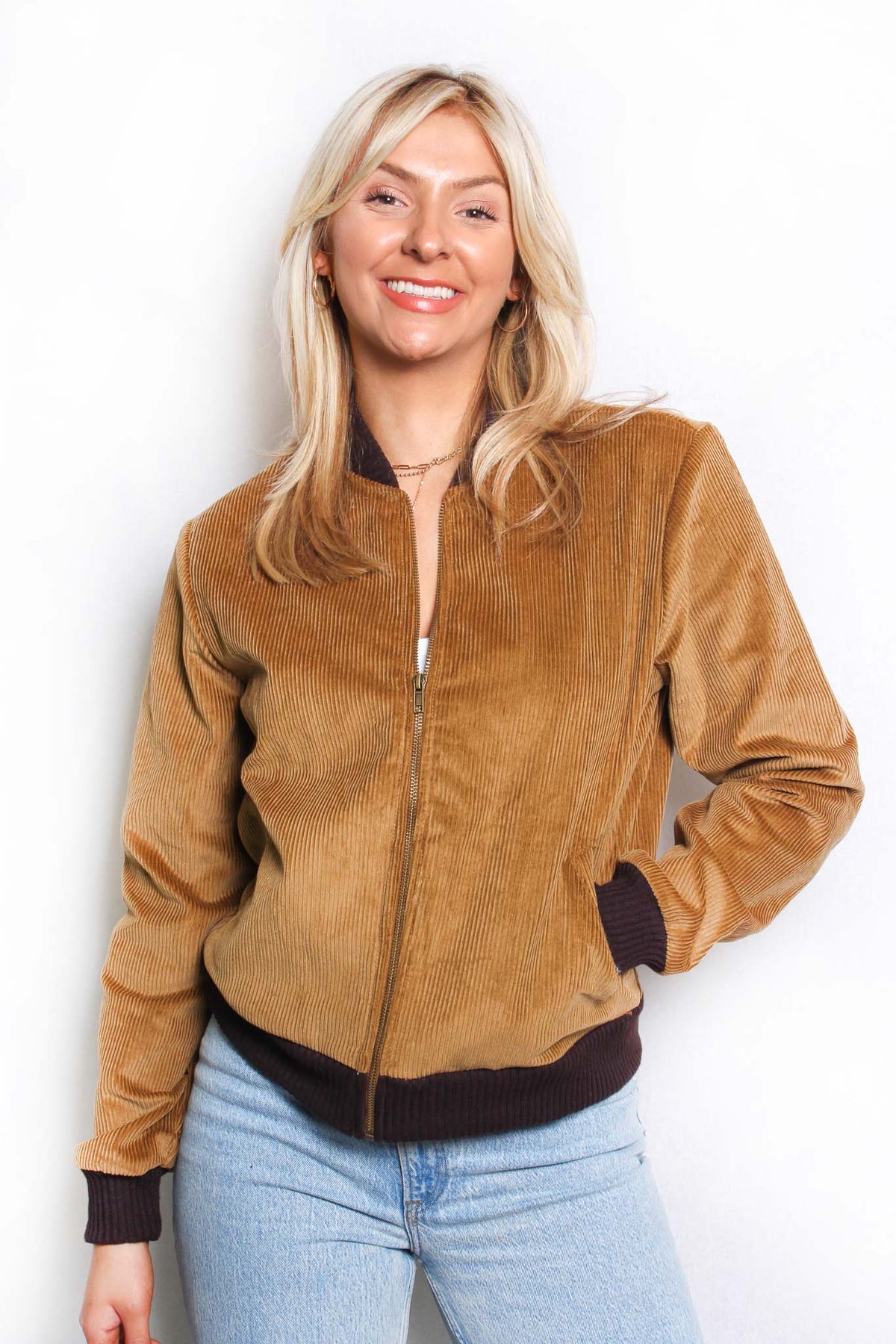 Women's Long Sleeve Lined Corduroy Bomber Jacket