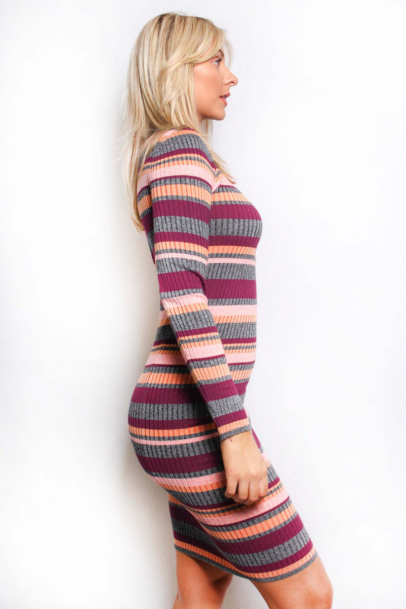 Women's Long Sleeve Mock Neck Sweater Knitted Midi Dress