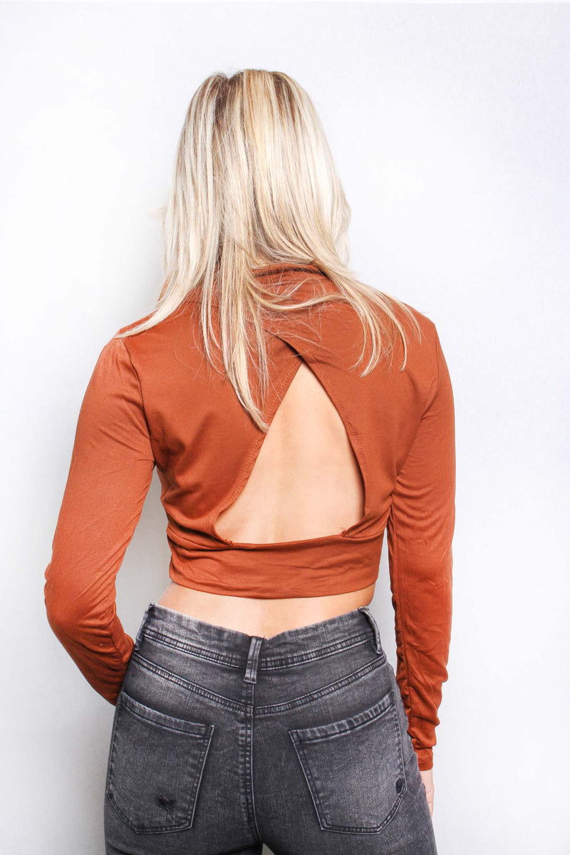 Women's Long Sleeves Mock Neck Solid Crop Top