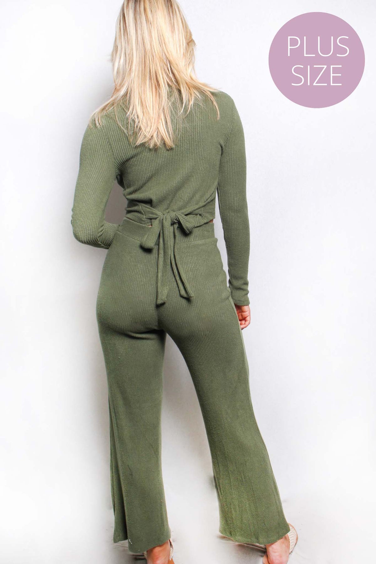 Women's Plus Long Sleeves Tie Back Rib Top & Flared Pants Loungewear Set