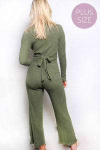 Women's Plus Long Sleeves Tie Back Rib Top & Flared Pants Loungewear Set