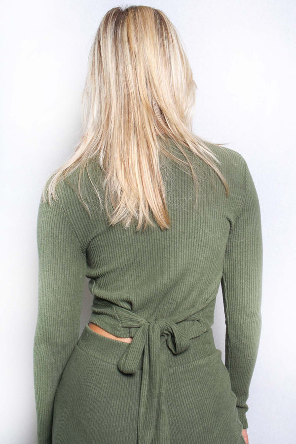 Women's Plus Long Sleeves Mock Neck Tie Back Rib Top