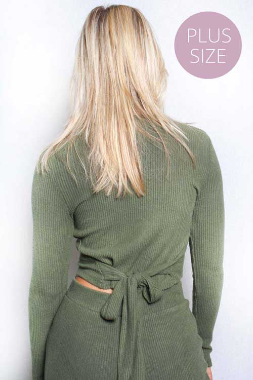 Women's Plus Long Sleeves Mock Neck Tie Back Rib Top
