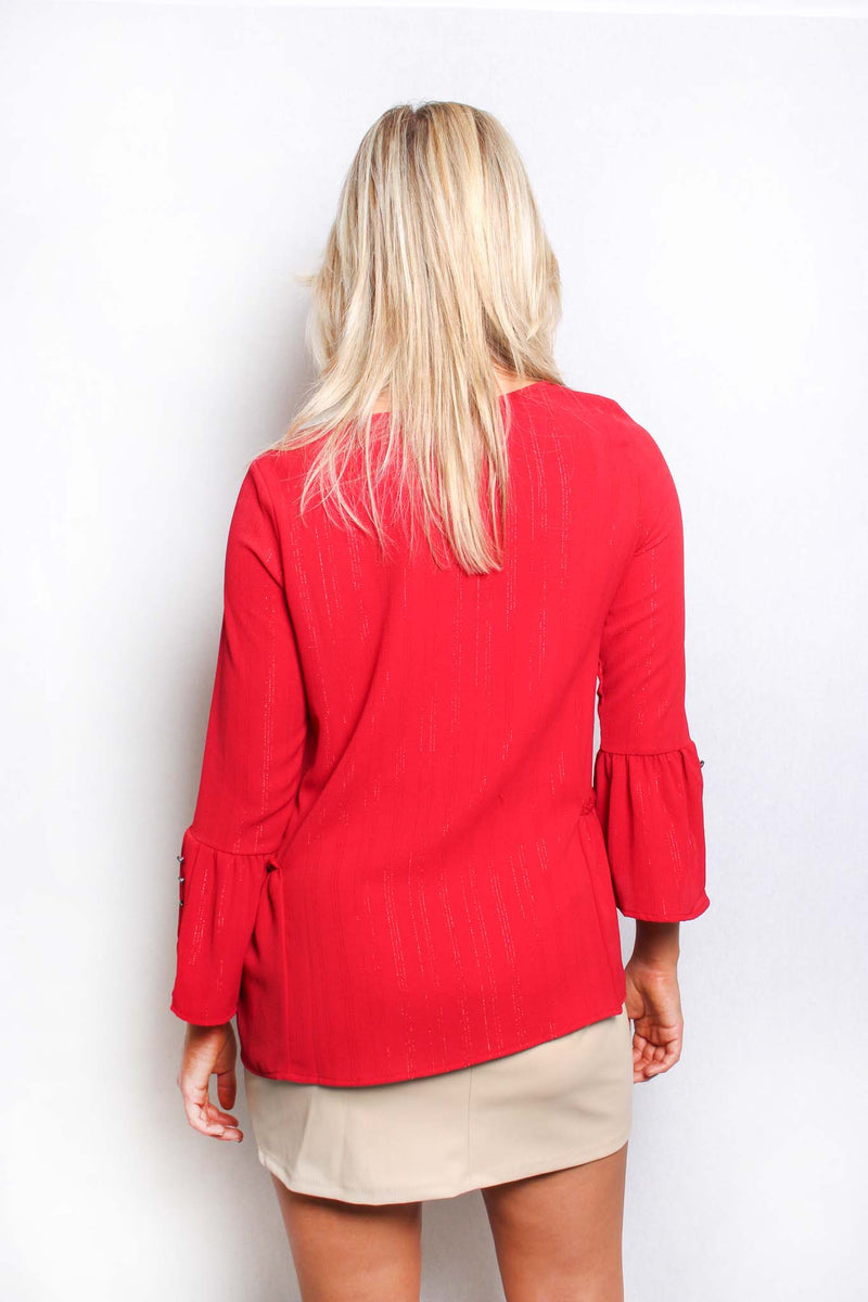 Women's Ruffle Long Sleeve V Neck Drawstring Ribbed Top