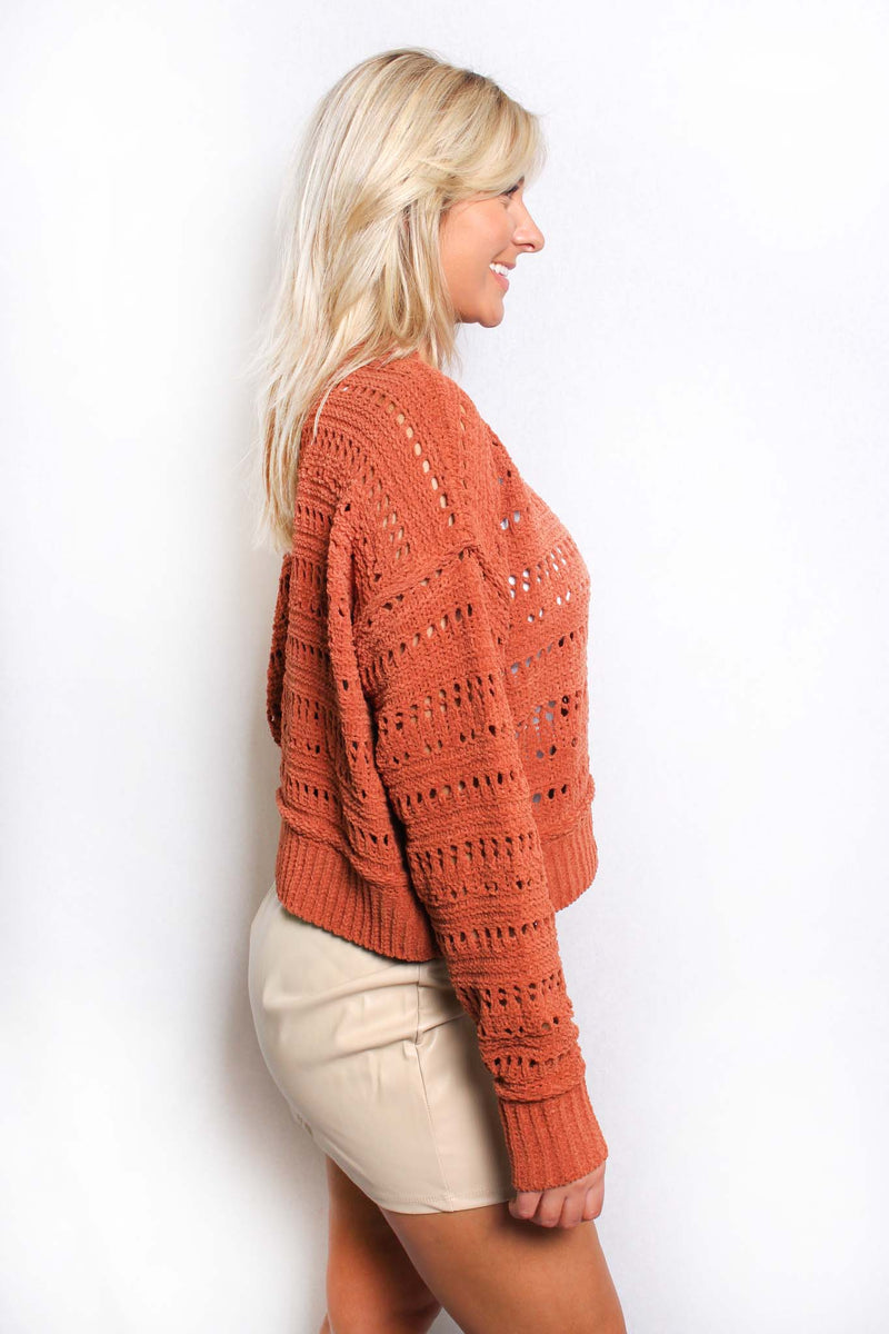 Women's Long Sleeves Round Neck Crochet Knitted Sweater
