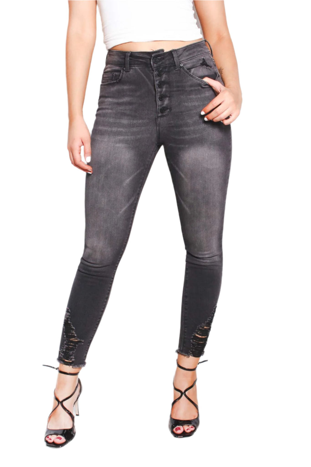 Women's High Waist Distressed Hem Skinny Jeans