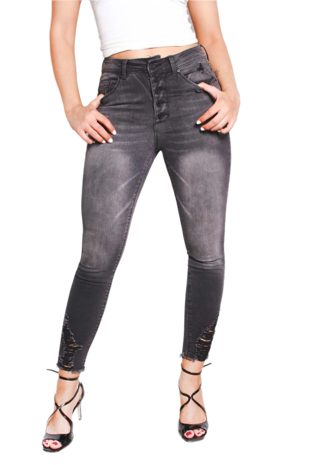 Women's High Waist Distressed Hem Skinny Jeans