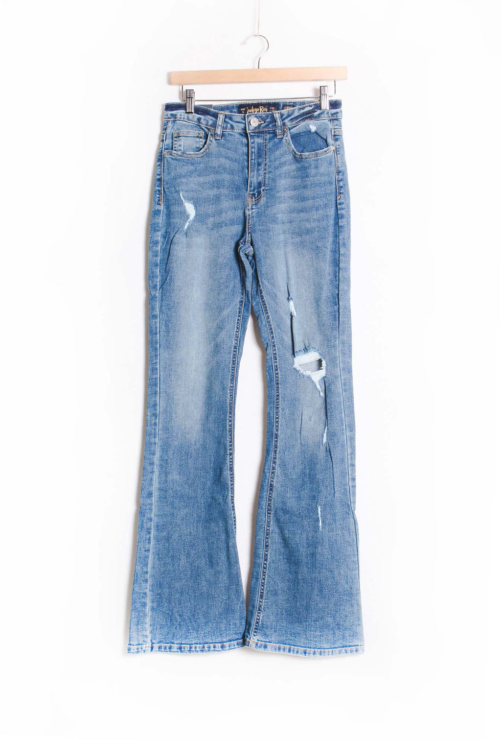 Women's High Waist Flare Hem Tattered Jeans