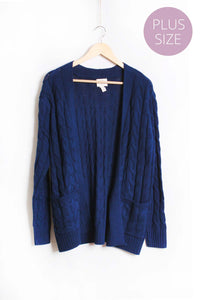 Women's Plus Long Sleeves Open Front Double Pocket Cable Knit Cardigan