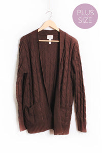 Women's Plus Long Sleeves Open Front Double Pocket Cable Knit Cardigan