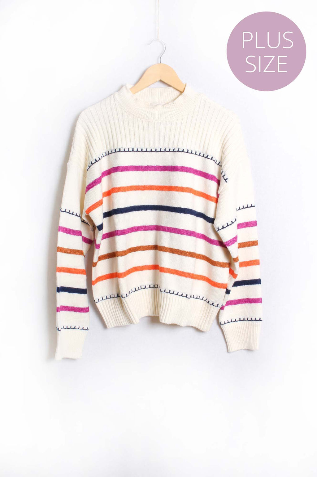 Women's Plus Long Sleeve Striped Pullover Knit Sweater