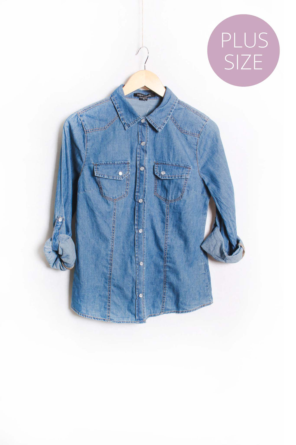 Women's Plus Long Sleeve Double Pocket Collared Denim Top