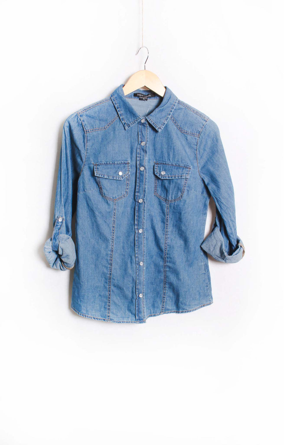 Women's Long Sleeve Double Pocket Collared Denim Top
