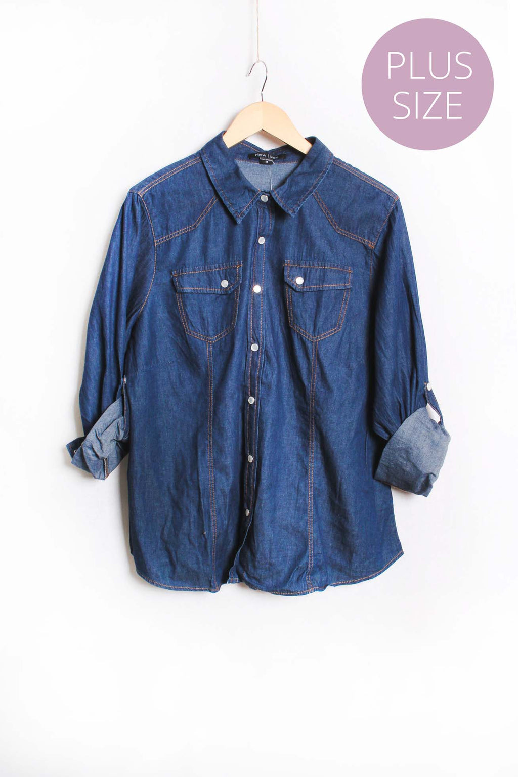 Women's Plus Long Sleeve Double Pocket Collared Denim Top