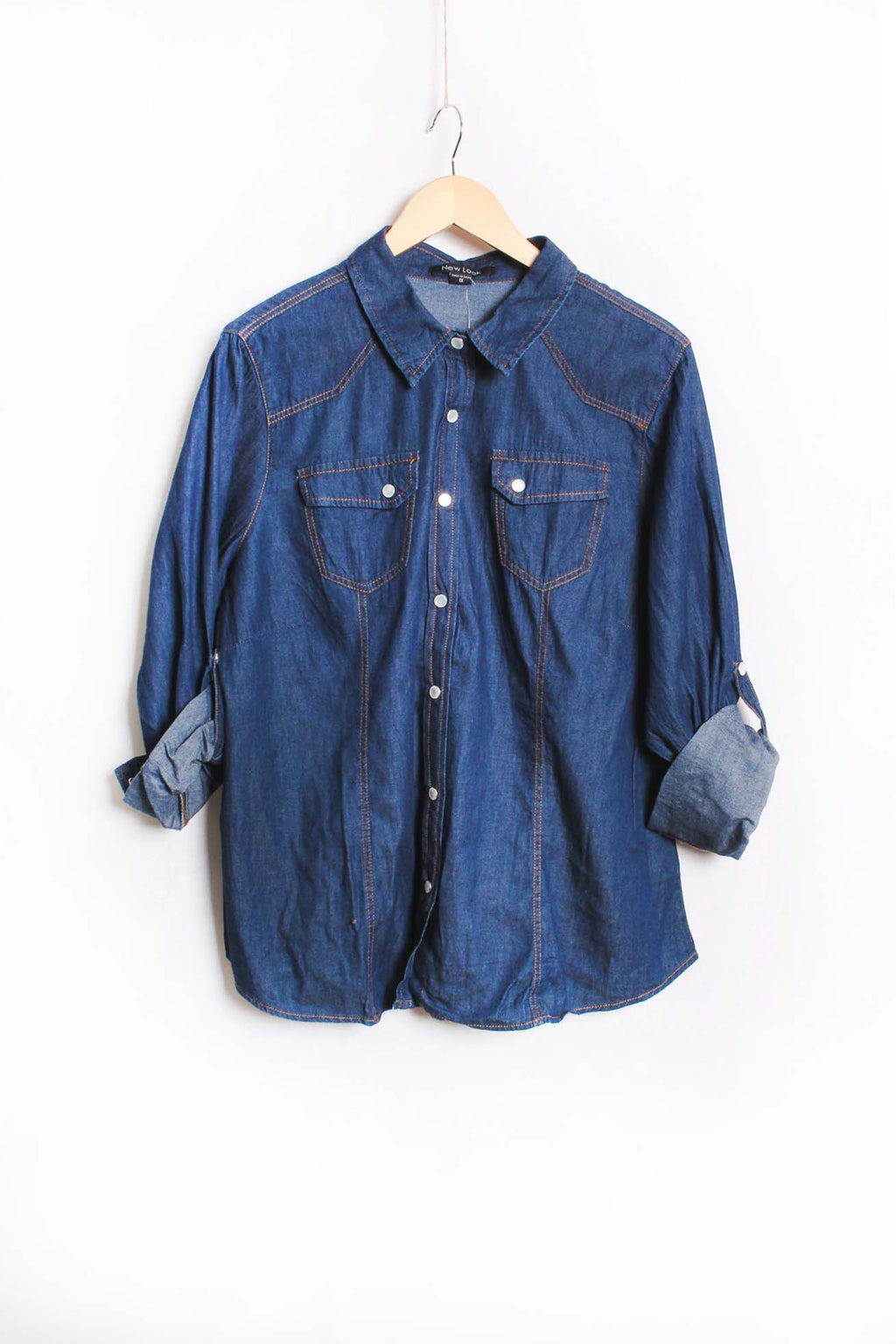 Women's Long Sleeve Double Pocket Collared Denim Top