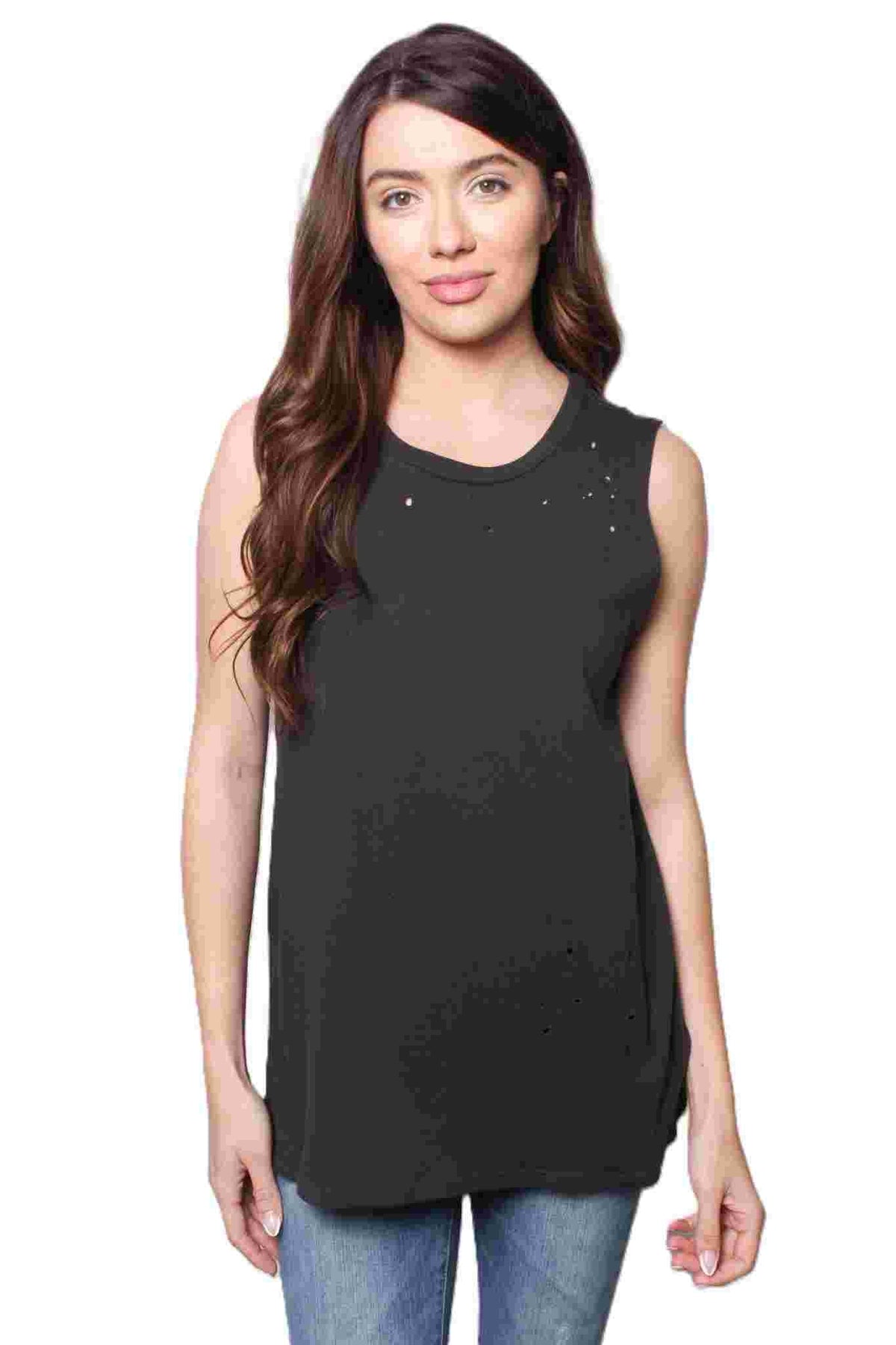 Women's Sleeveless Distressed Solid Top