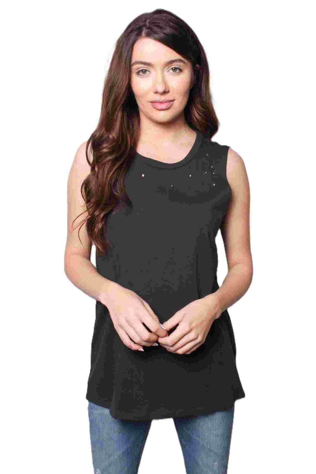 Women's Sleeveless Distressed Solid Top