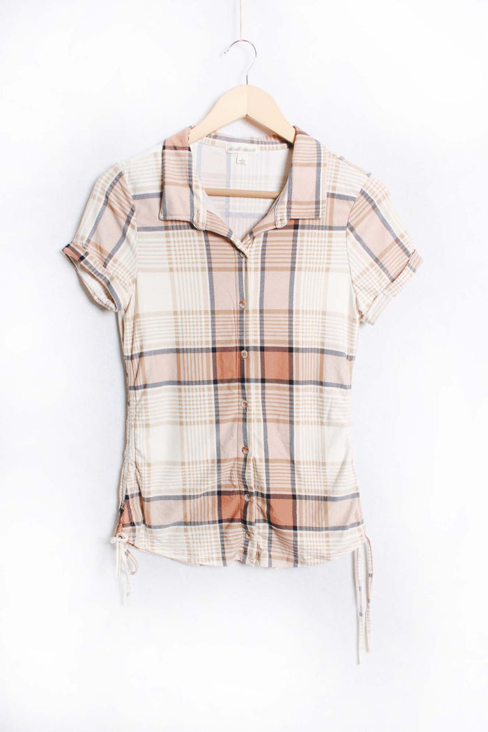 Women's Short Sleeve Button Down Drawstring Plaid Top