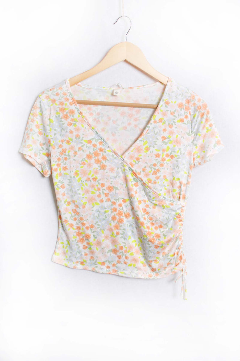 Women's Short Sleeve Side Drawstring Floral Print Top