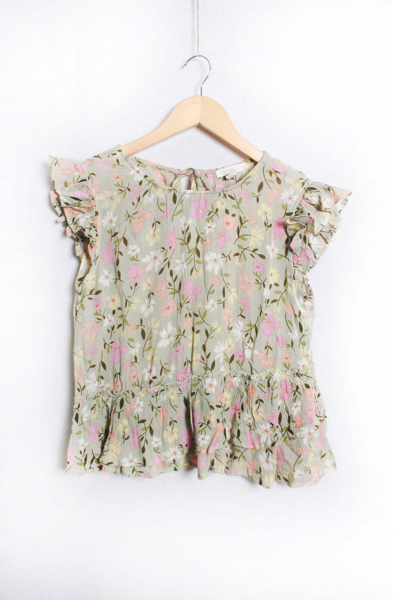 Women's Ruffle Sleeve Round Neck Pleated Hem Floral Top