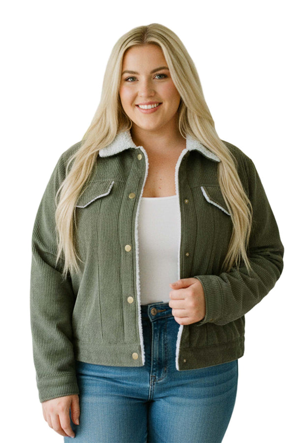 Women's Plus Long Sleeve Sherpa Lining Corduroy Jacket