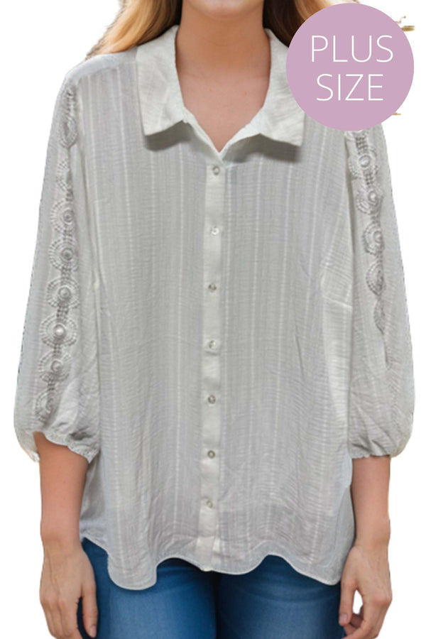 Women's Plus 3/4 Sleeve Crochet Button Down Top