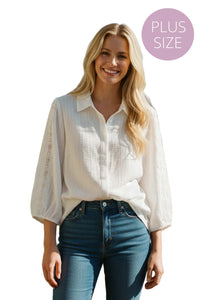 Women's Plus 3/4 Sleeve Crochet Button Down Top