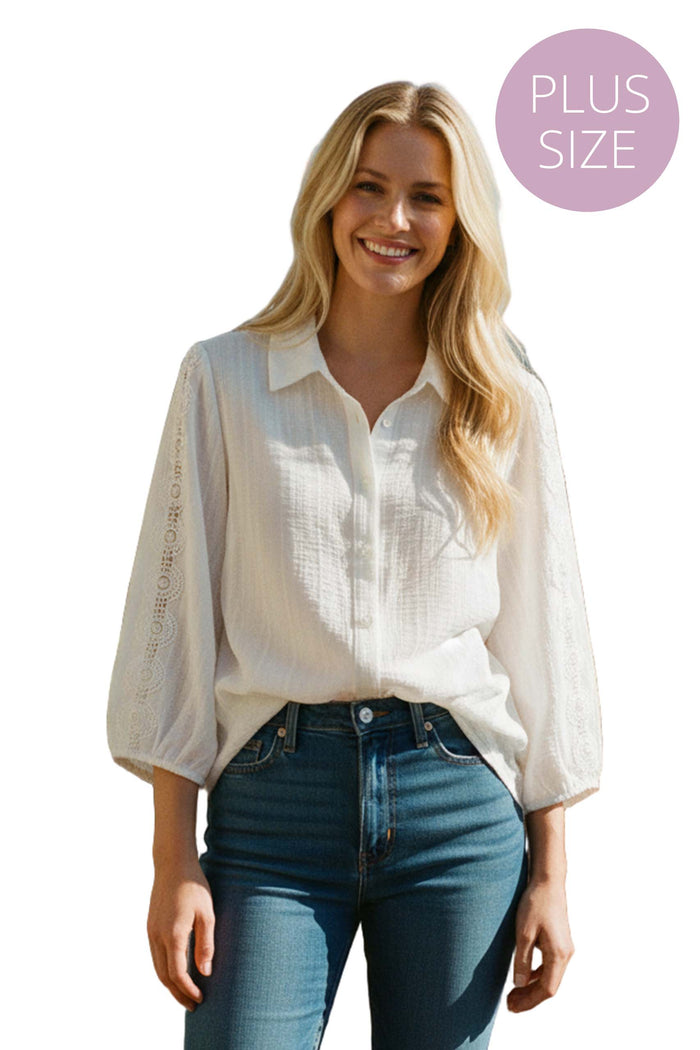 Women's Plus 3/4 Sleeve Crochet Button Down Top