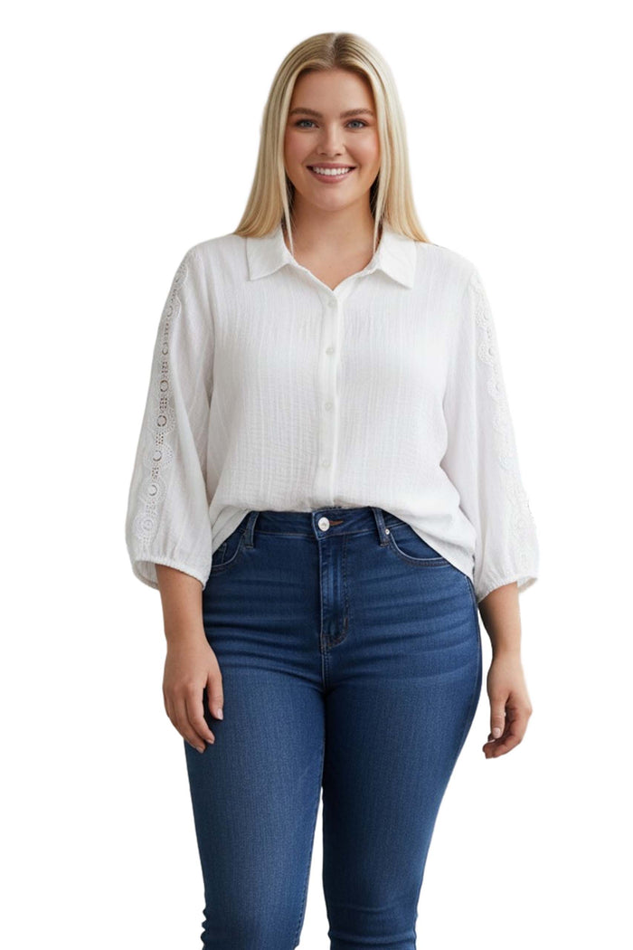 Women's Plus 3/4 Sleeve Crochet Button Down Top