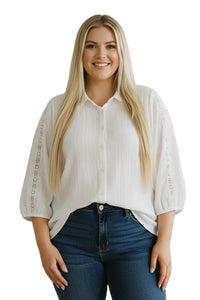 Women's Plus 3/4 Sleeve Crochet Button Down Top