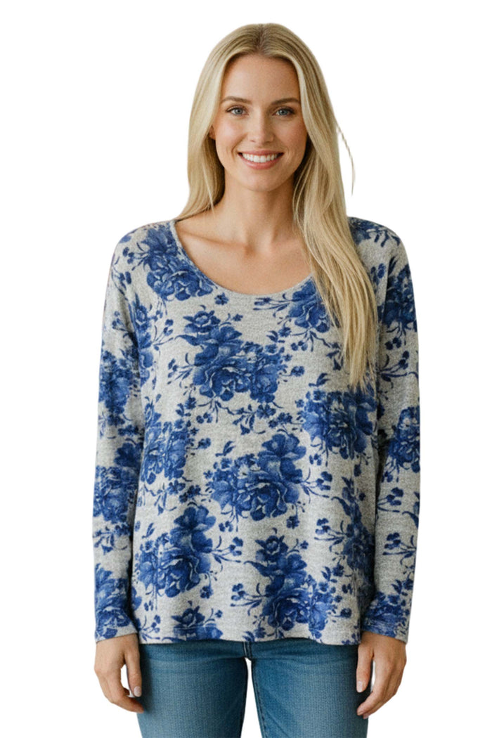 Women's Long Sleeves Round Neck Knitted Floral Top