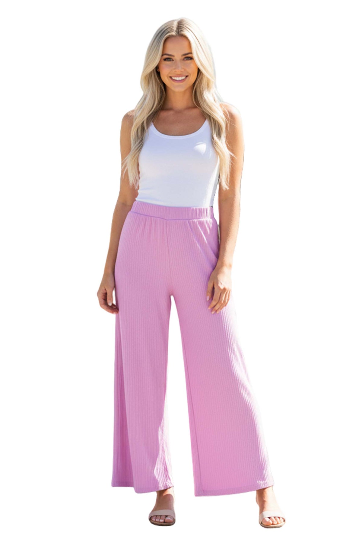 Women's High Waisted Solid Ribbed Wide Leg Pants