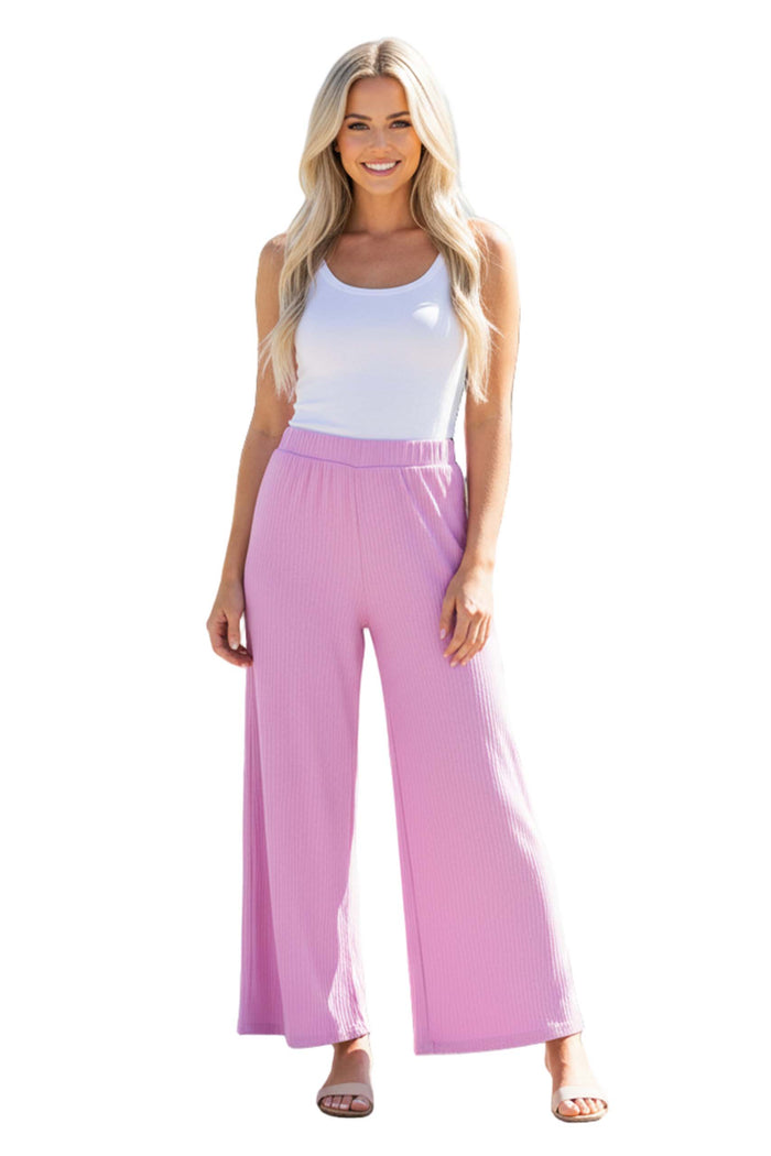Women's High Waisted Solid Ribbed Wide Leg Pants