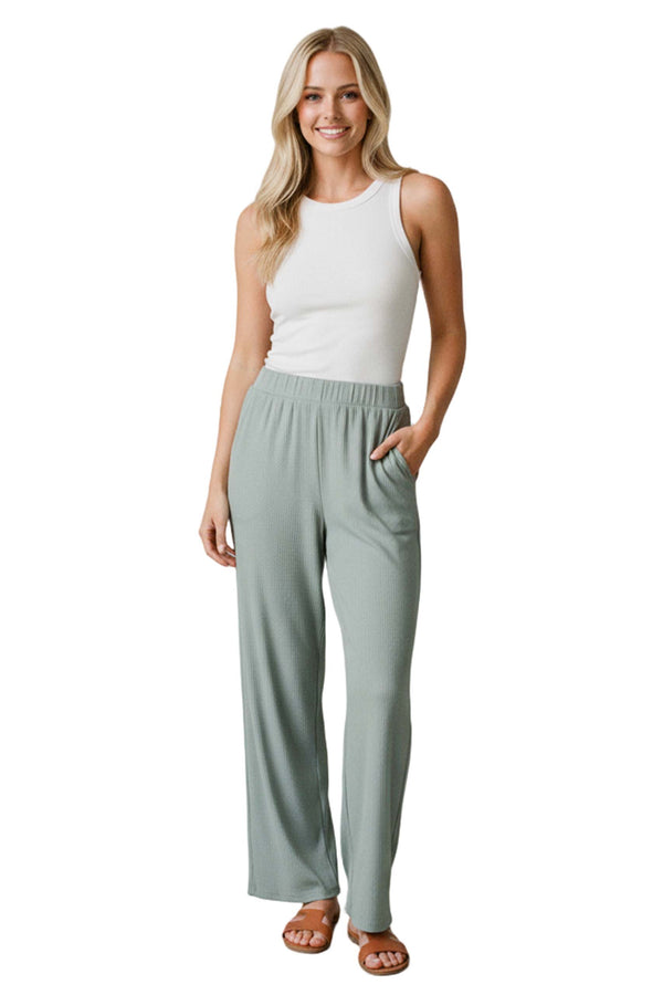 Women's High Waisted Solid Ribbed Straight Leg Pants