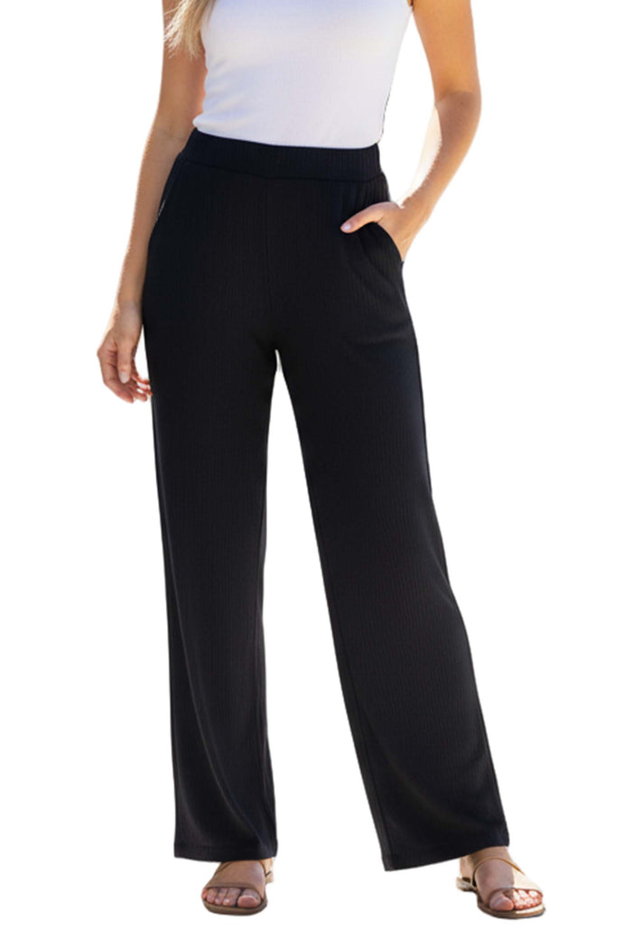 Women's High Waisted Solid Ribbed Straight Leg Pants