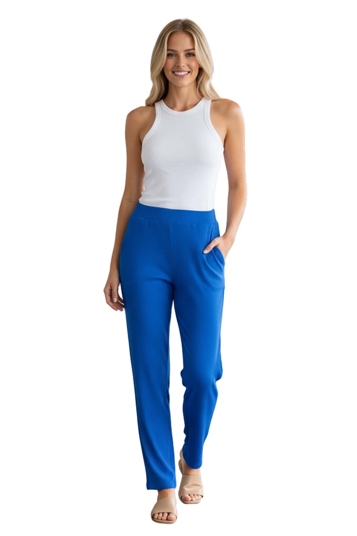Women's High Waisted Solid Ribbed Straight Leg Pants