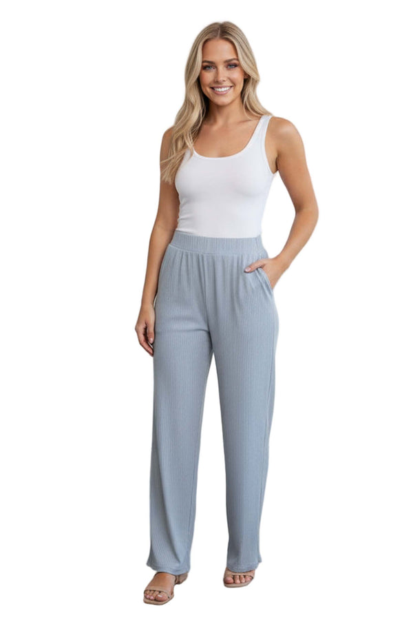 Women's High Waisted Solid Ribbed Straight Leg Pants