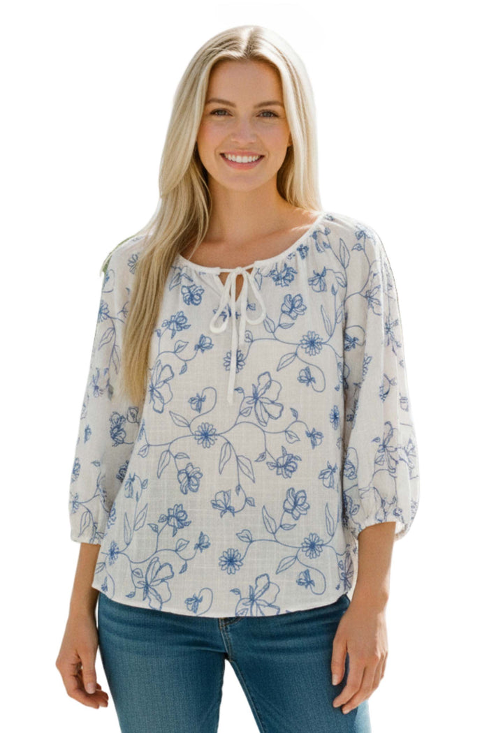 Women's 3/4 Sleeve Embroidery Peasant Top