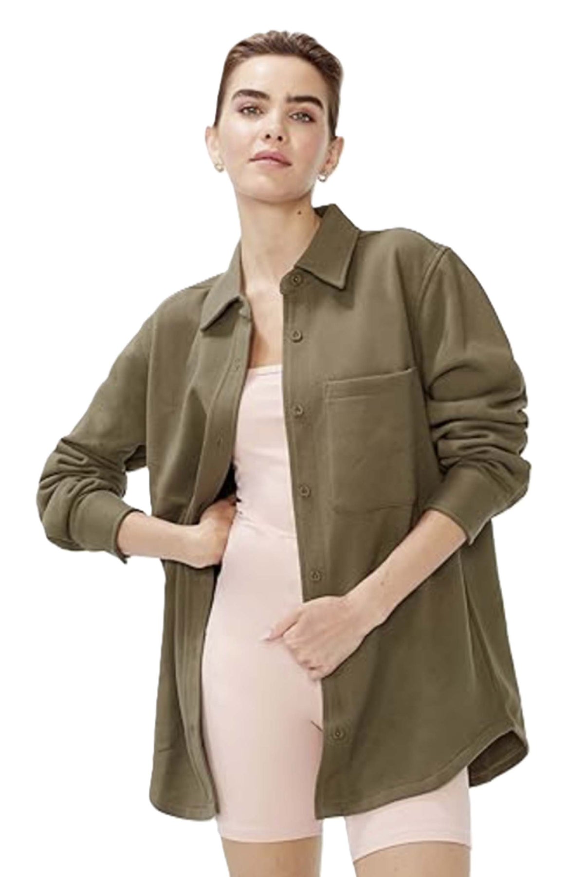 Women's Long Sleeve Button Down Pocket Fleece Shacket