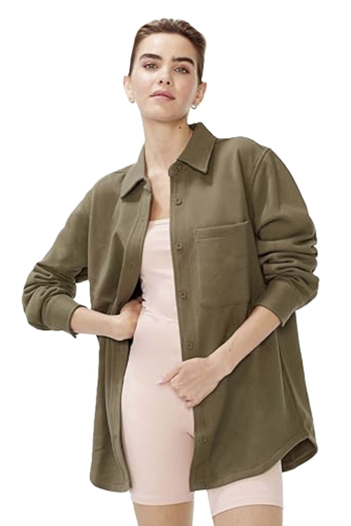 Women's Long Sleeve Button Down Pocket Fleece Shacket