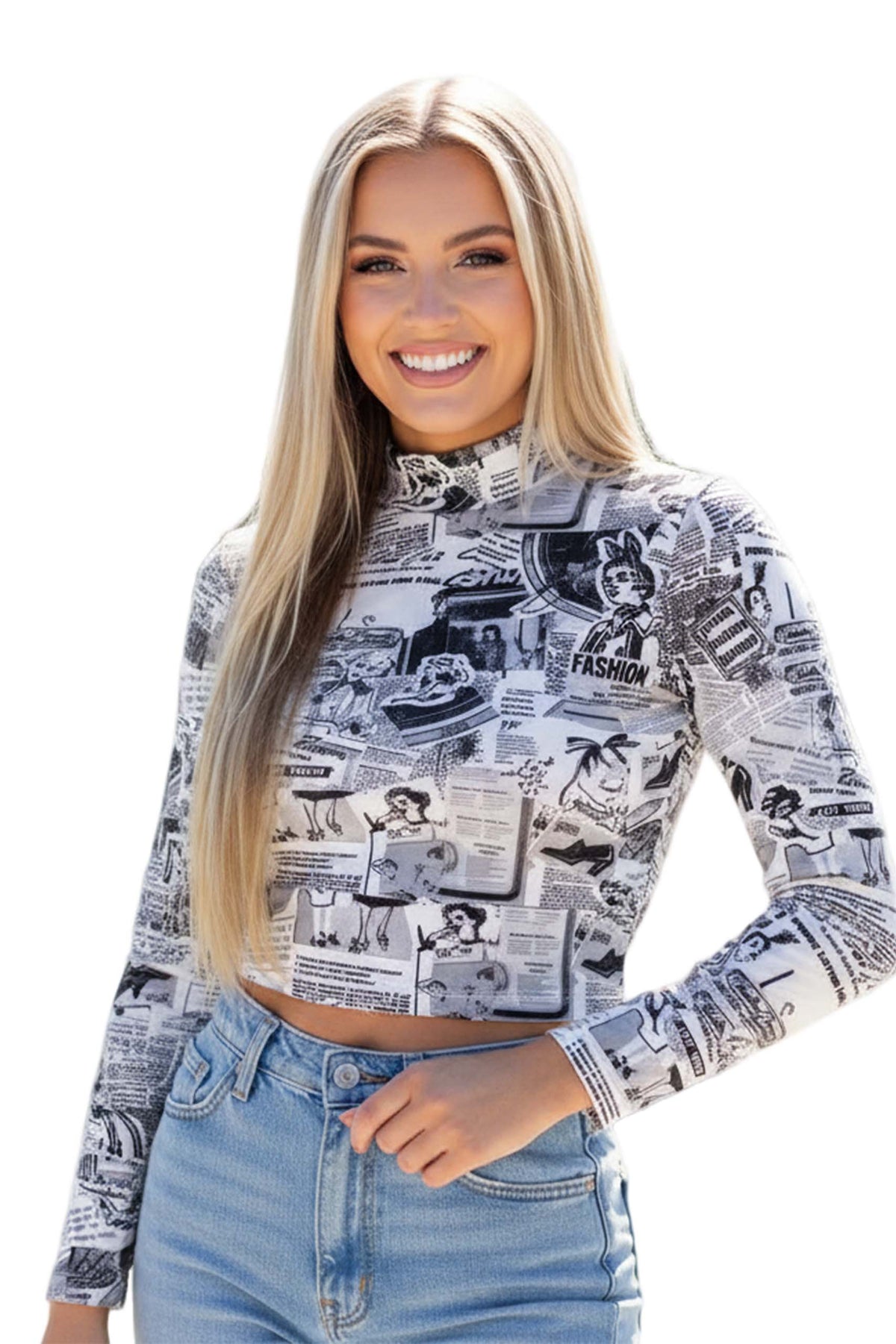 Women's Long Sleeves Mock Neck Printed Crop Top