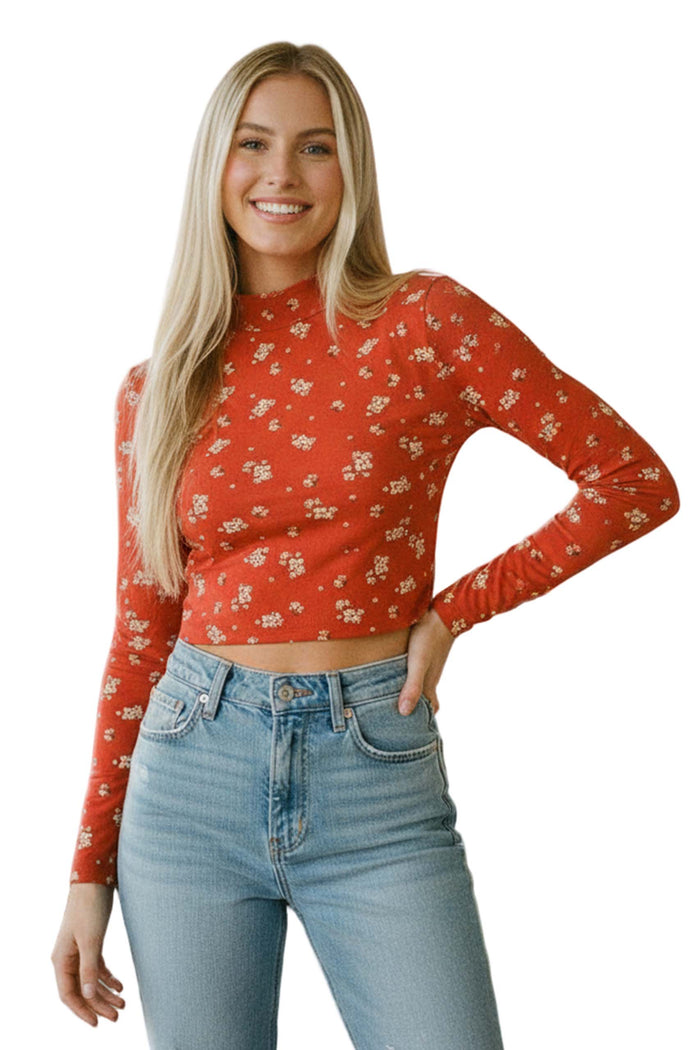 Women's Long Sleeves Mock Neck Printed Crop Top