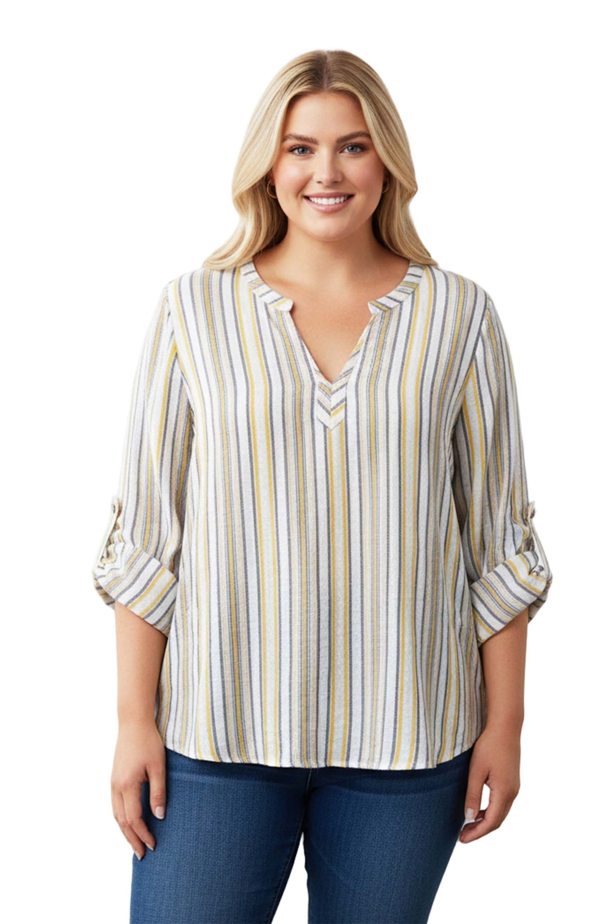 Women's Plus Long Sleeves Split Neck Stripe Top