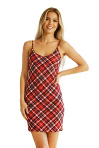 Women's Sleeveless Spaghetti Strap Side Slit Plaid Mini Dress