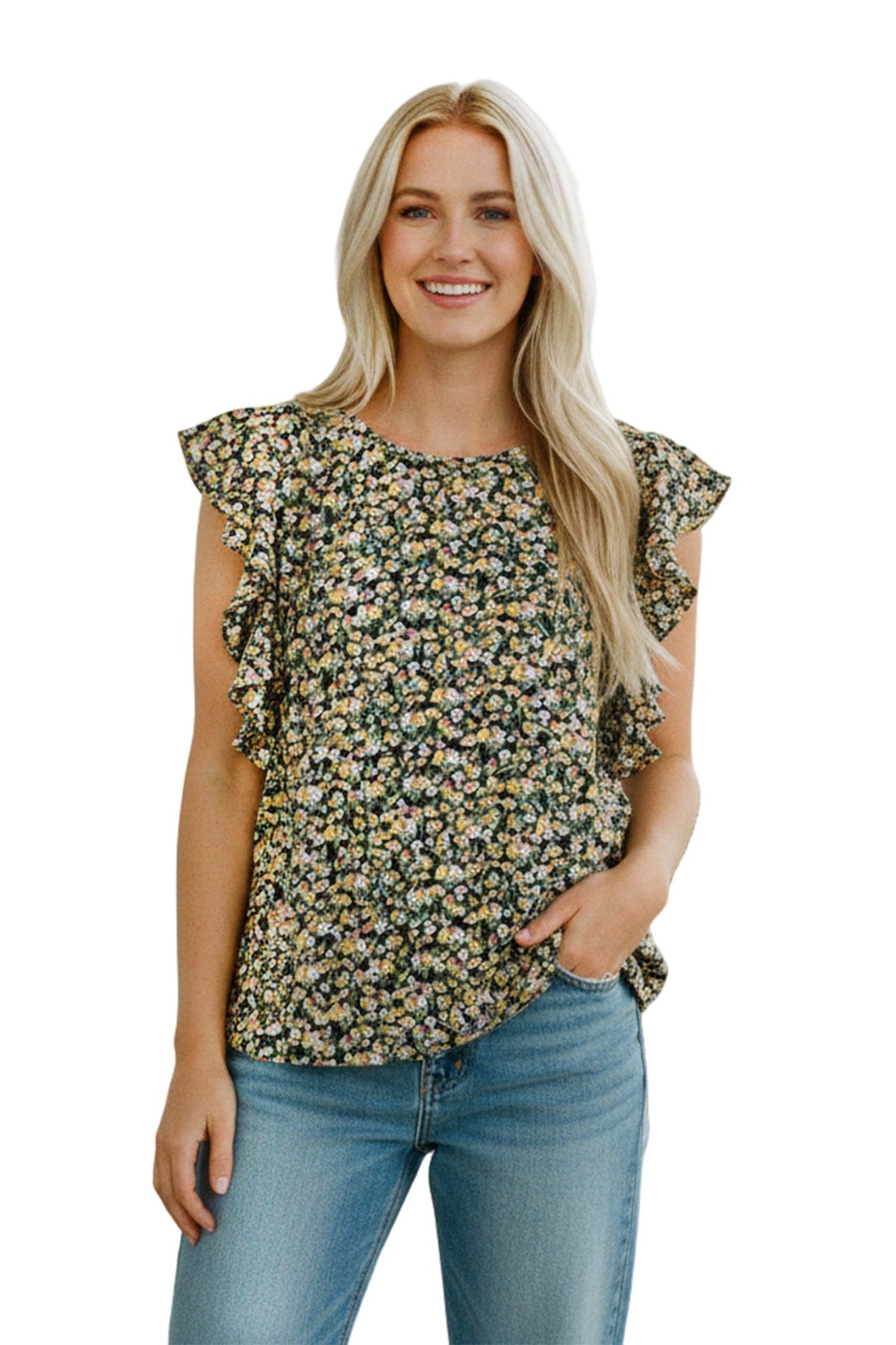 Women's Flutter Sleeve Ditsy Floral Top