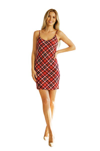 Women's Sleeveless Spaghetti Strap Side Slit Plaid Mini Dress