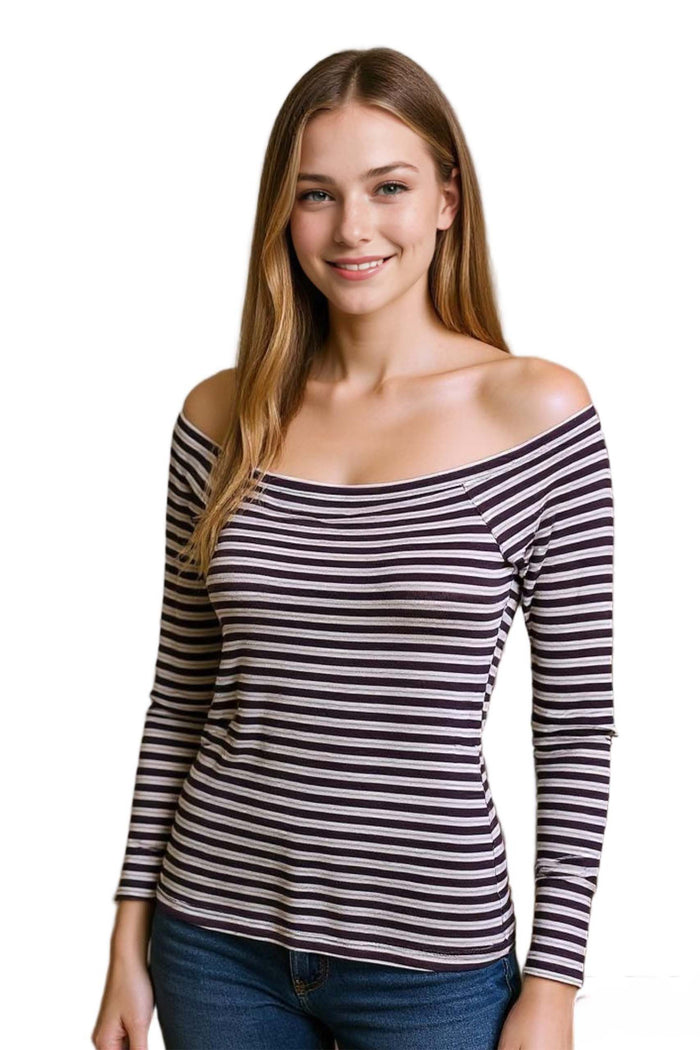 Women's Long Sleeves Striped Off Shoulder Ribbed Top