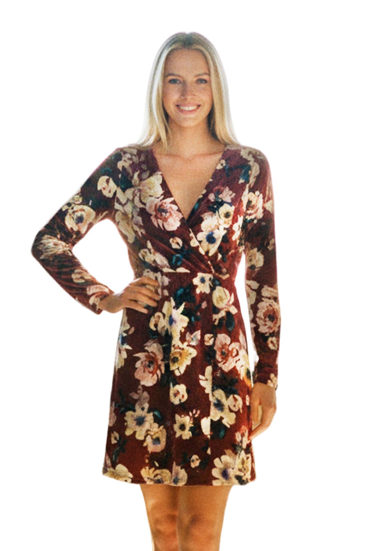 Women's Long Sleeves Faux Wrap Floral Mini Dress