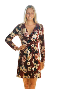 Women's Long Sleeves Faux Wrap Floral Mini Dress